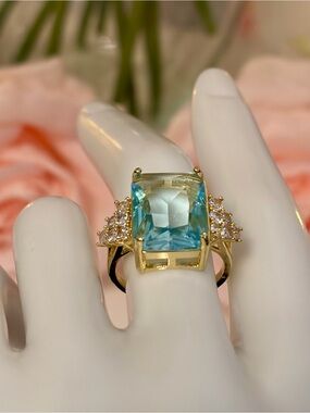 Aqua Emerald Cut Statement Ring – Stainless Steel & CZ - Cocktail Ring